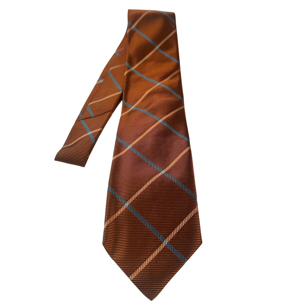 Paul Fredrick Mens Silk Plaid Necktie‎ Brown Blue Tan NWT